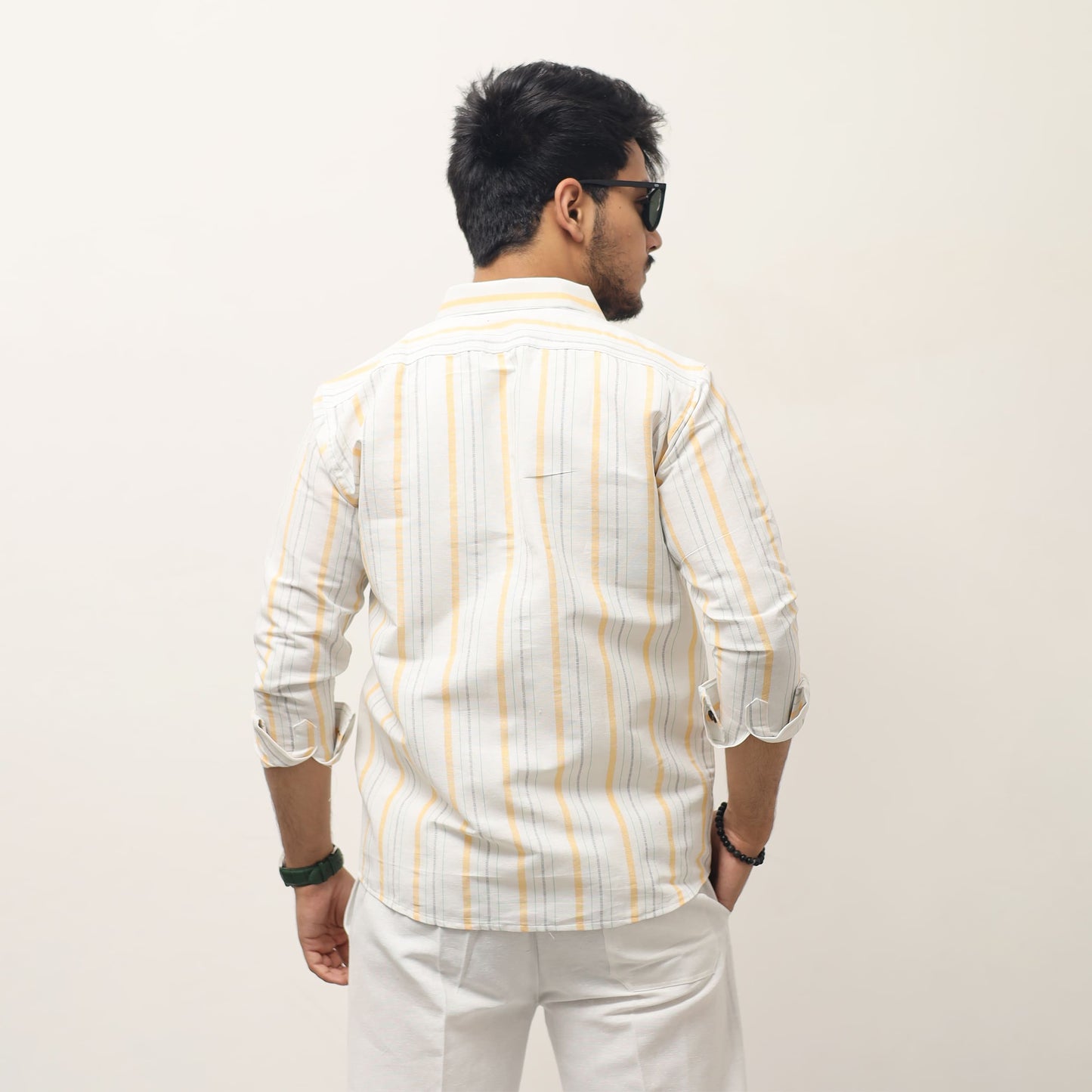 Yellow striped khadi shirt for men casual outfit look