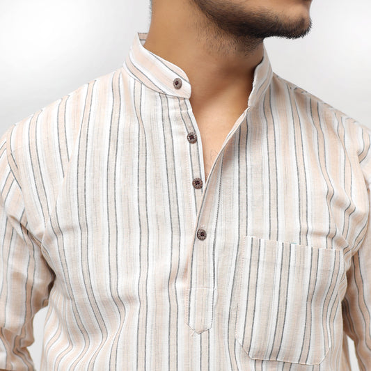 Beige-White Striped Full Sleeves Kurta fabric detail for men