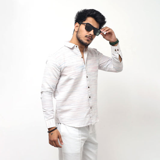 White Jharna Full Sleeves Shirt with dark red texture side pose