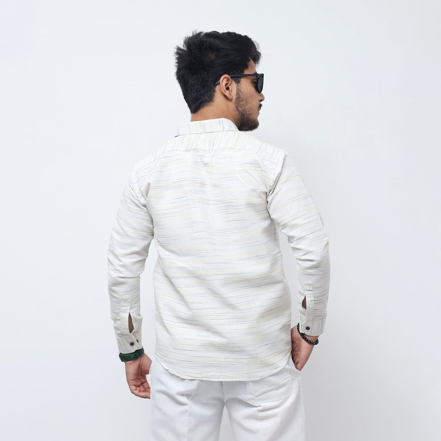 White Jharna Full Sleeves Shirt with yellow texture lifestyle wear back pose
