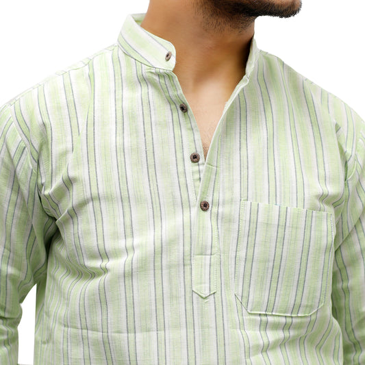 Green white striped khadi kurta collar close-up detail