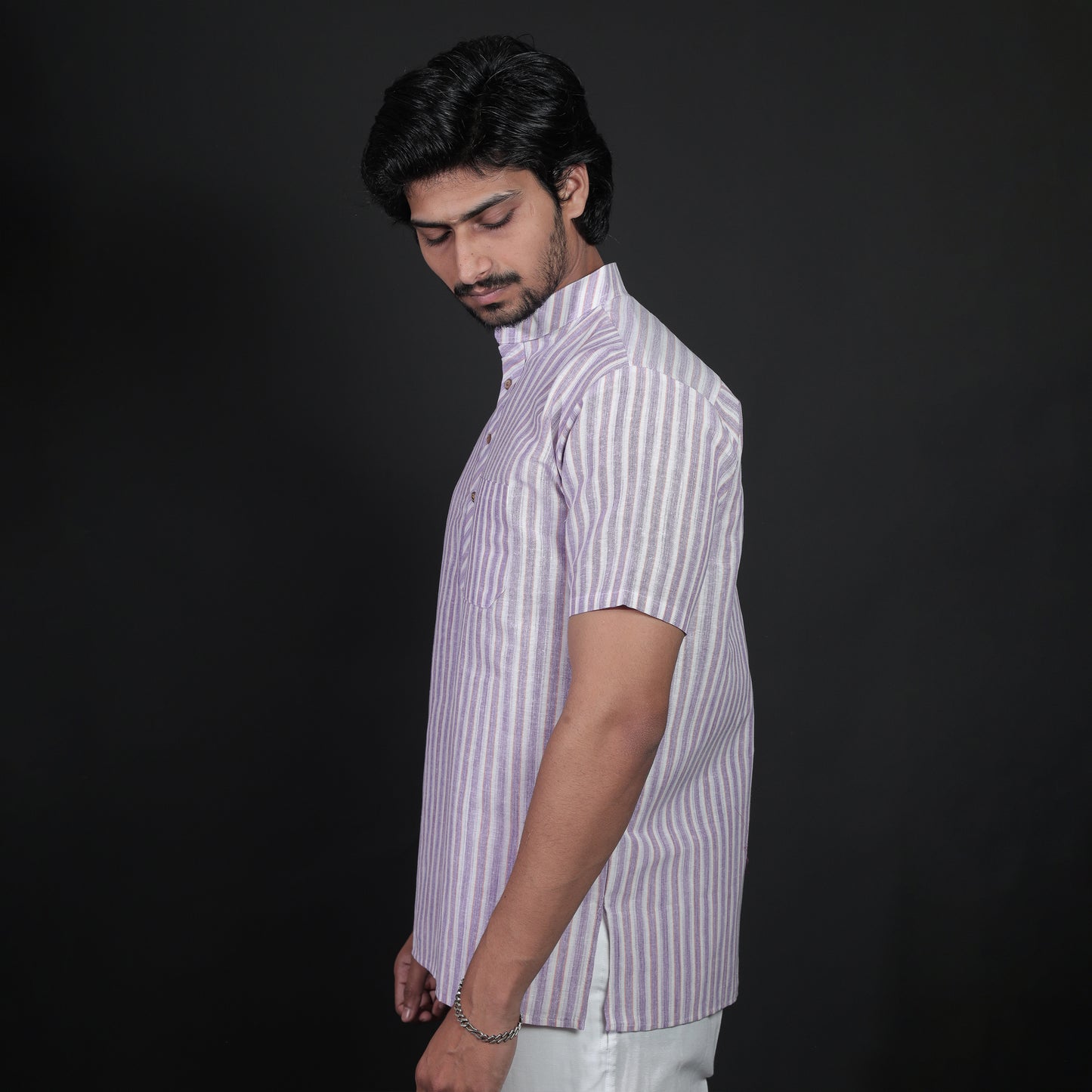 side view striped khadi short kurta modern fit