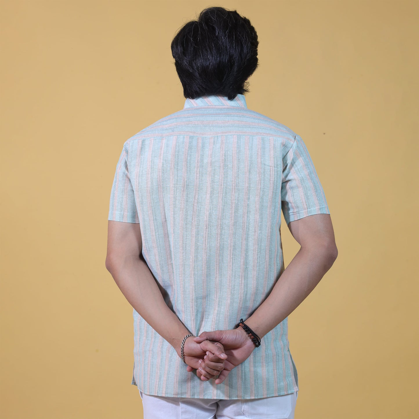 Back view of Green striped half sleeves kurta for men