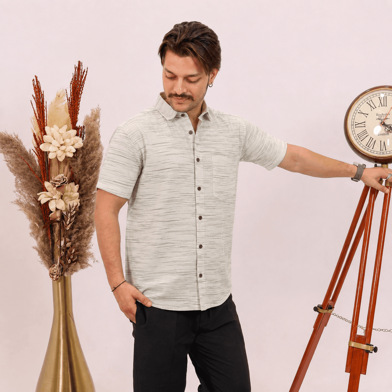 Green Pattern White Jharna Cotton Shirt for Men | Half Sleeves