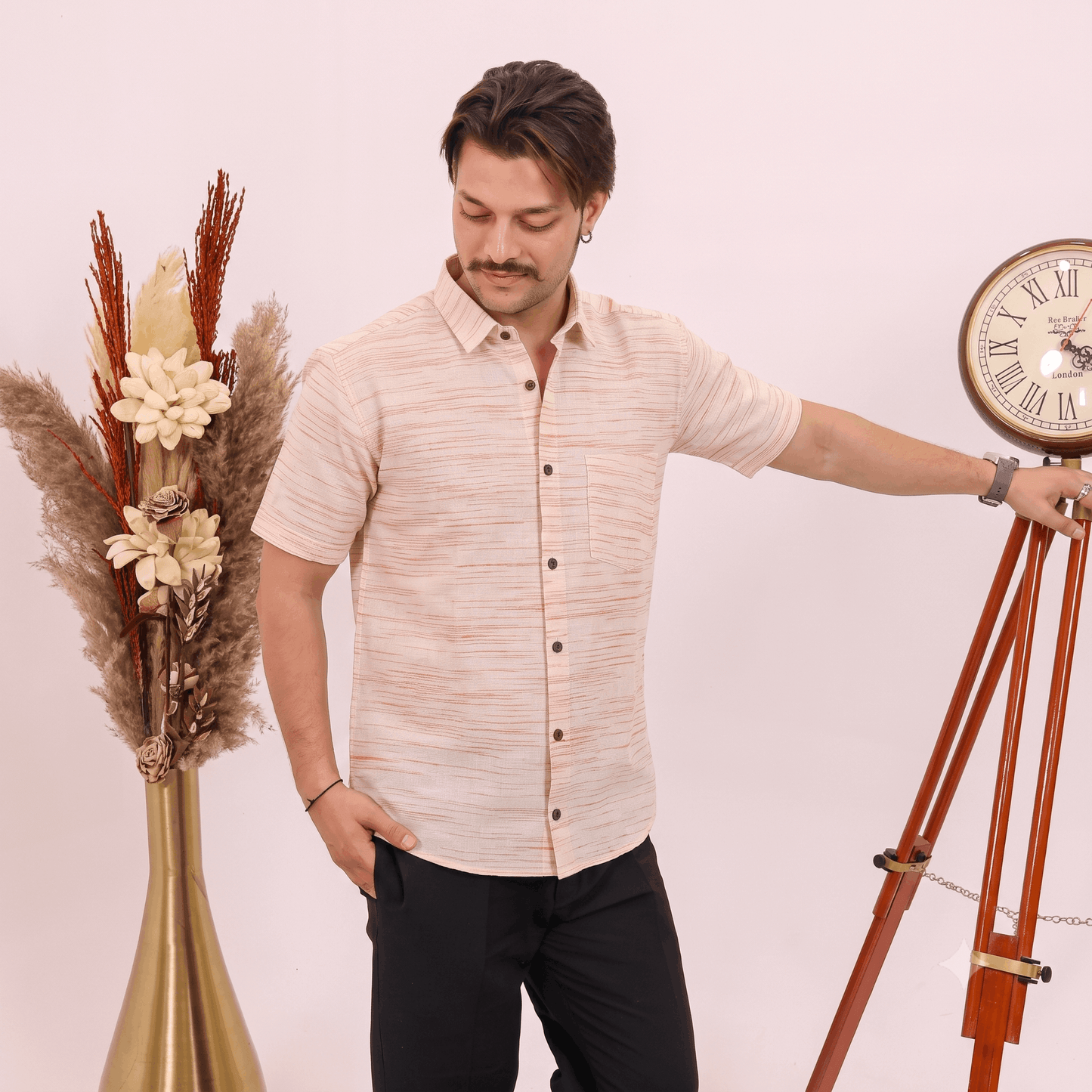 Orange Pattern White Jharna Cotton Shirt for Men | Half Sleeves
