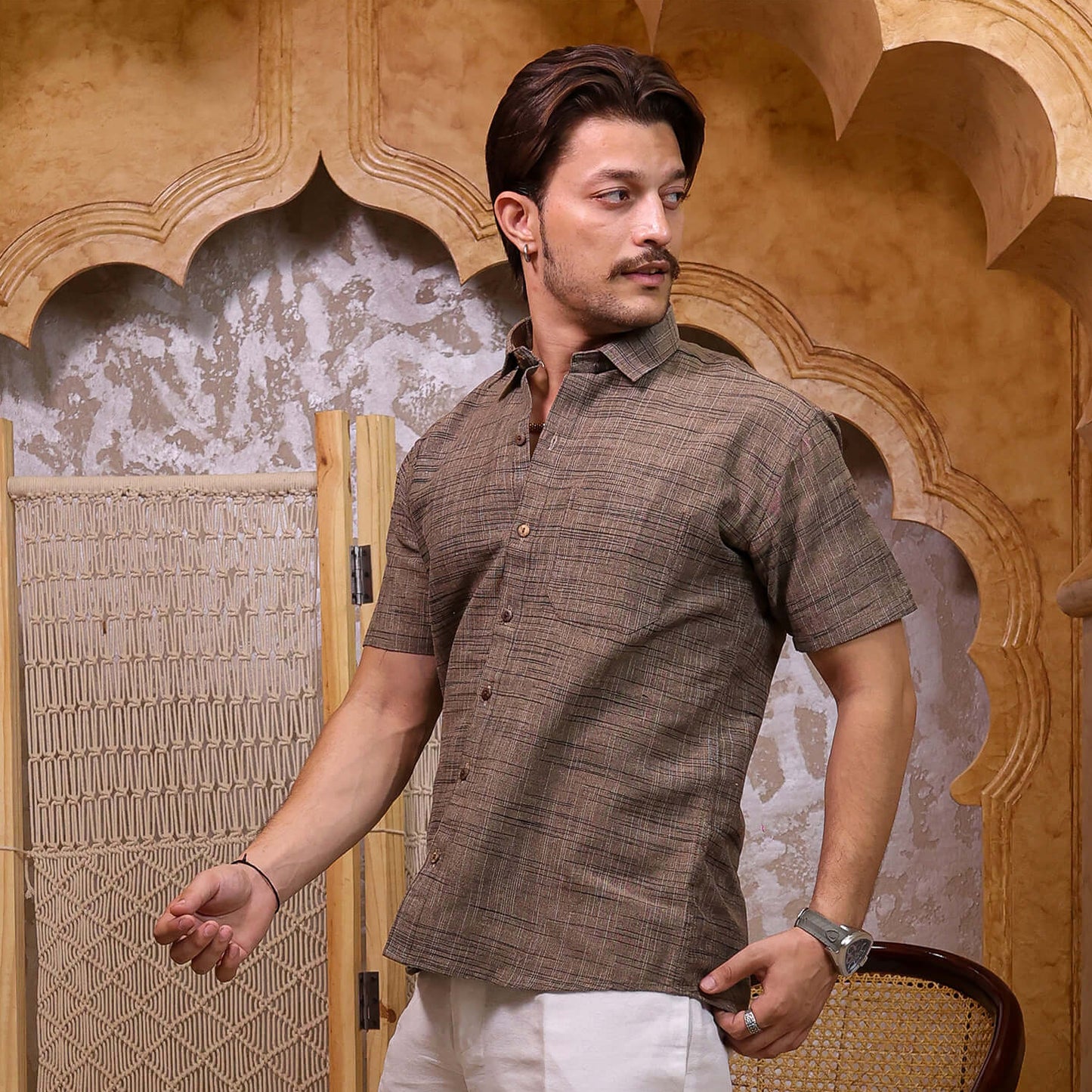 Brown Dark Jharna Half Sleeve Shirt with White Pant Combo Set | Men