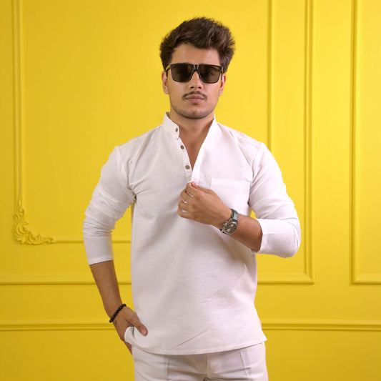 White Solid Full Sleeves Short Kurta