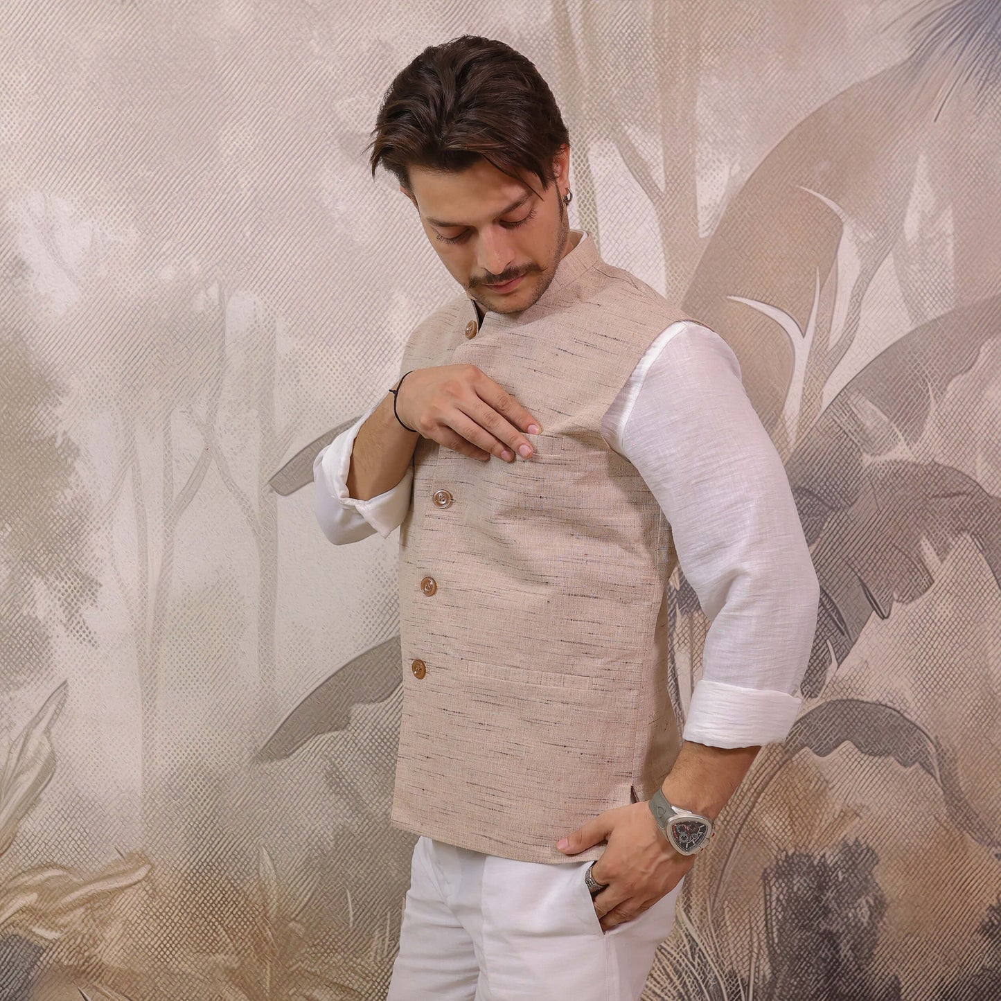 Skin Tone Cotton Bhagalpur Modi Jacket for Men featuring a functional chest pocket and classic button closure.
