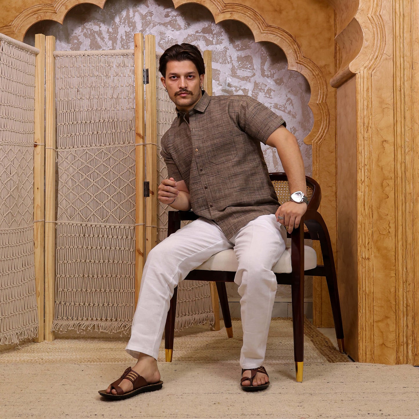 Brown Dark Jharna Half Sleeve Shirt with White Pant Combo Set | Men