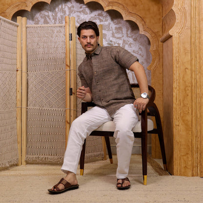 Brown Dark Jharna Half Sleeve Shirt with White Pant Combo Set | Men