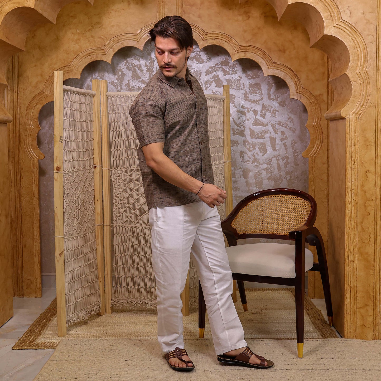 Brown Dark Jharna Half Sleeve Shirt with White Pant Combo Set | Men