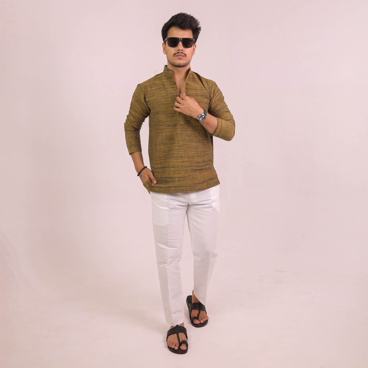 Mustard Dark Jharna Full Sleeves Kurta Pant Combo Set