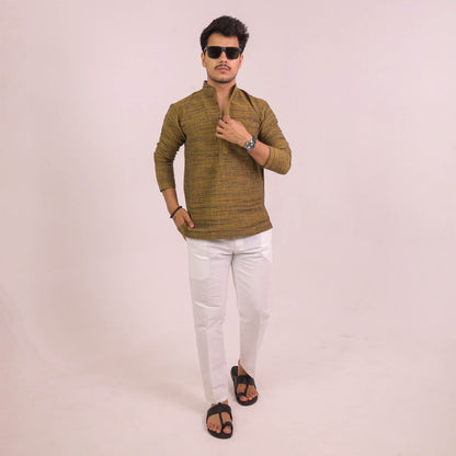 Mustard Dark Jharna Full Sleeves Kurta Pant Combo Set