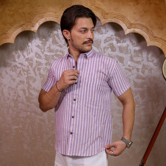 Purple-White Stripped Cotton Shirt for Men | Half Sleeves
