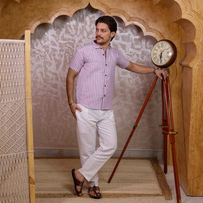Purple-White Stripped Cotton Half Sleeves Shirt with White Pant Combo Set