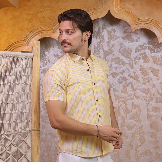 Yellow-White Stripped Cotton Shirt for Men | Half Sleeves