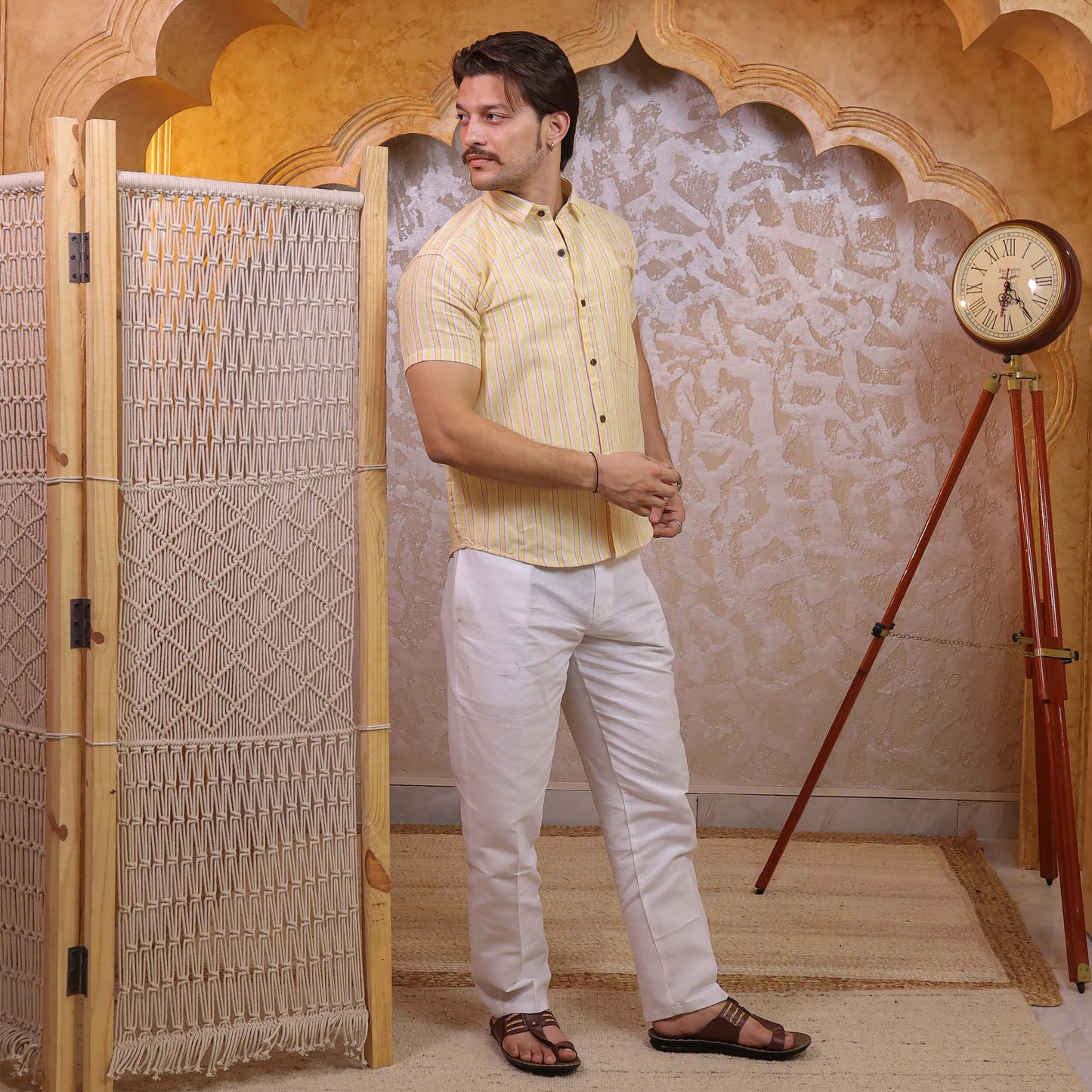 Yellow-White Stripped Cotton Half Sleeves Shirt with White Pant Combo Set