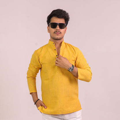 Yellow Thread Lines Full Sleeves Cotton Short Kurta | Kargham