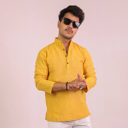 Yellow Thread Lines Full Sleeves Cotton Short Kurta | Kargham