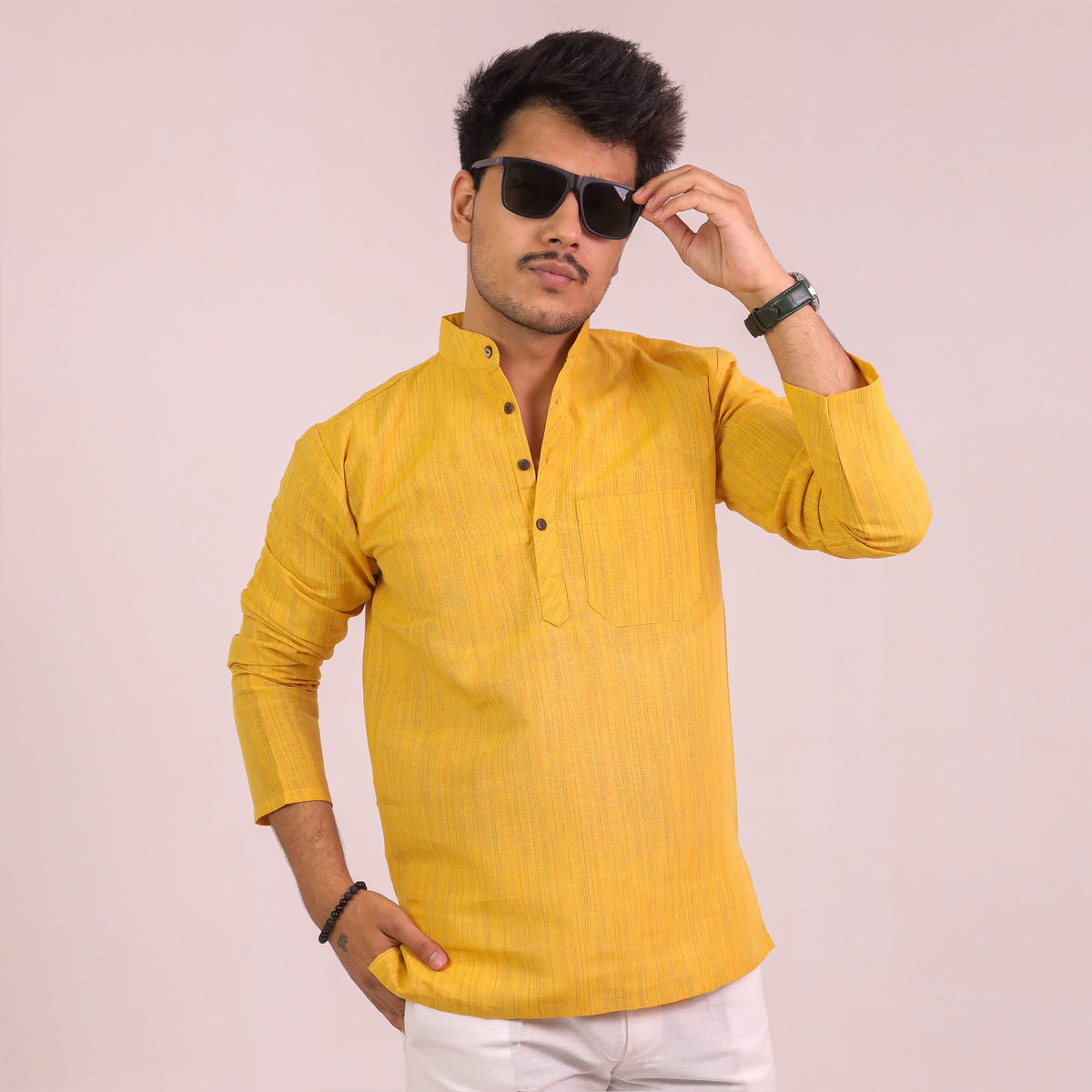 Yellow Thread Lines Full Sleeves Cotton Short Kurta | Kargham