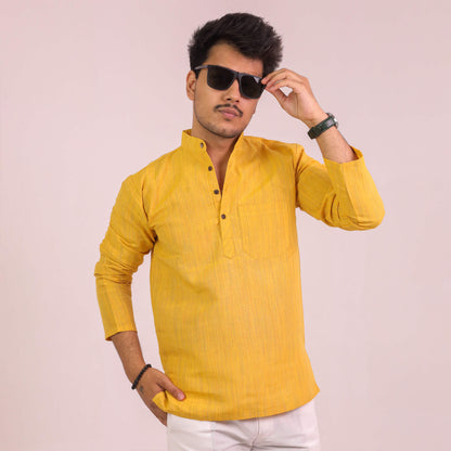 Yellow Thread Lines Full Sleeves Cotton Short Kurta | Kargham