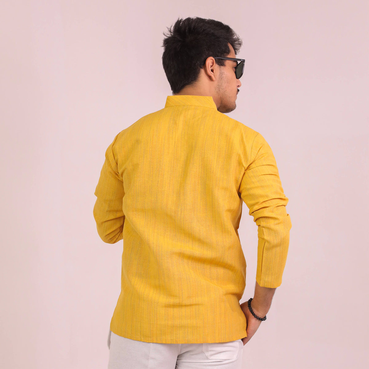 Yellow Thread Lines Full Sleeves Cotton Short Kurta | Kargham
