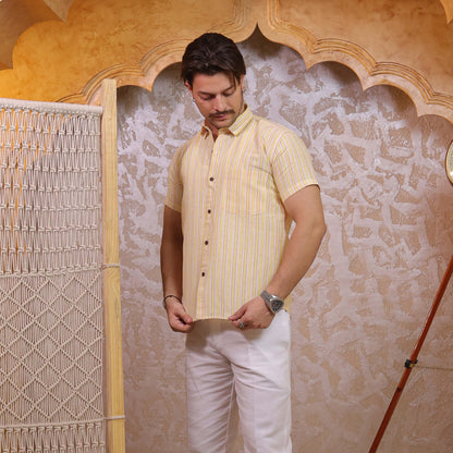 Yellow-White Stripped Cotton Half Sleeves Shirt with White Pant Combo Set