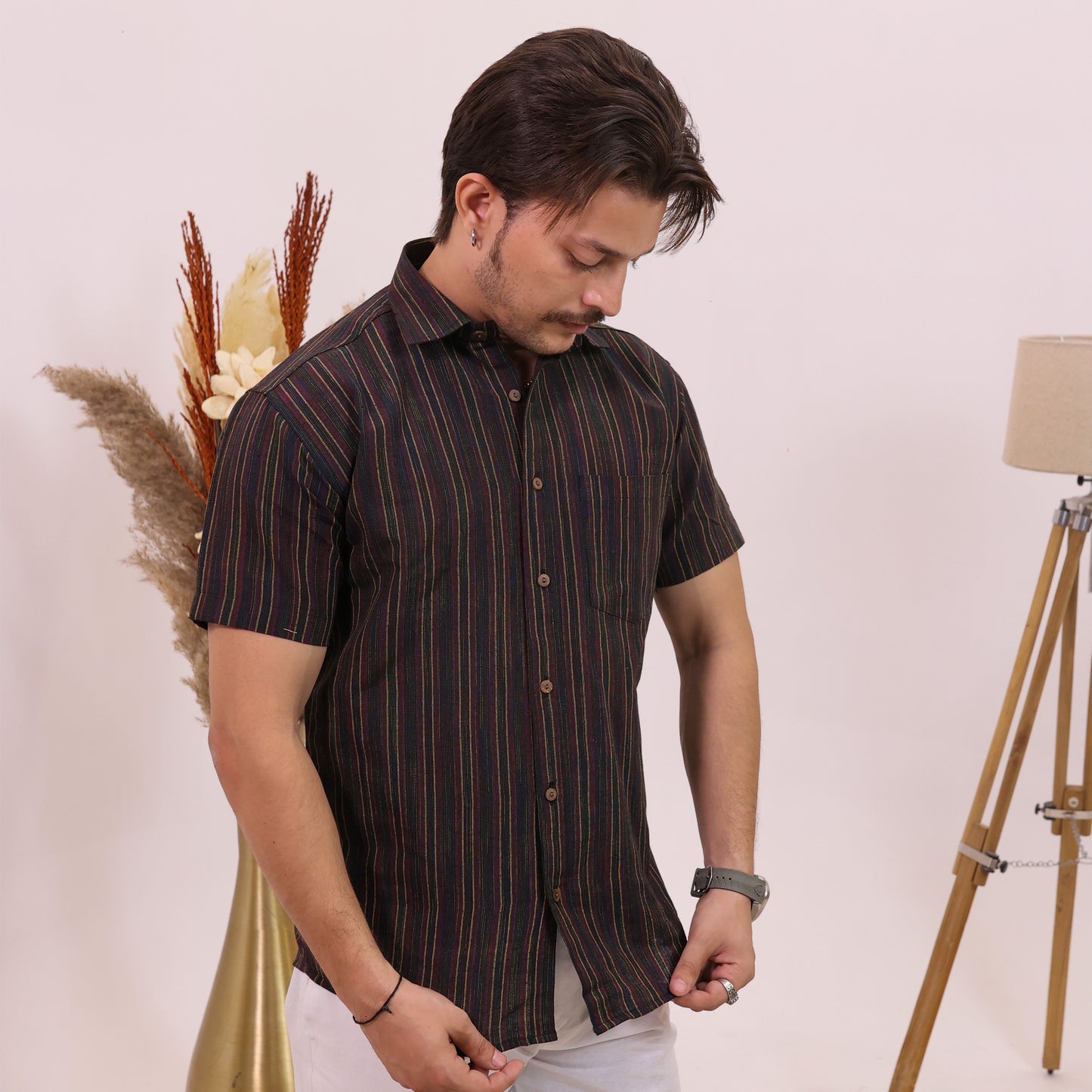 Black Breeze Stripe Half Sleeves Shirt with White pant Combo Set for Men