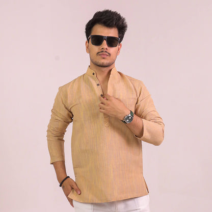 Beige Thread Lines Full Sleeves Cotton Short Kurta | Kargham