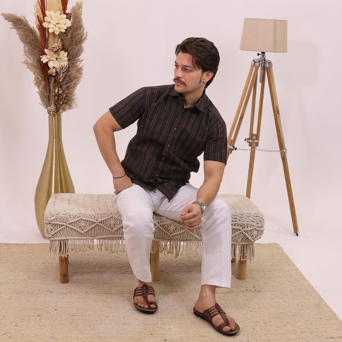 Black Breeze Stripe Half Sleeves Shirt with White pant Combo Set for Men