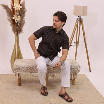 Black Breeze Stripe Half Sleeves Shirt with White pant Combo Set for Men