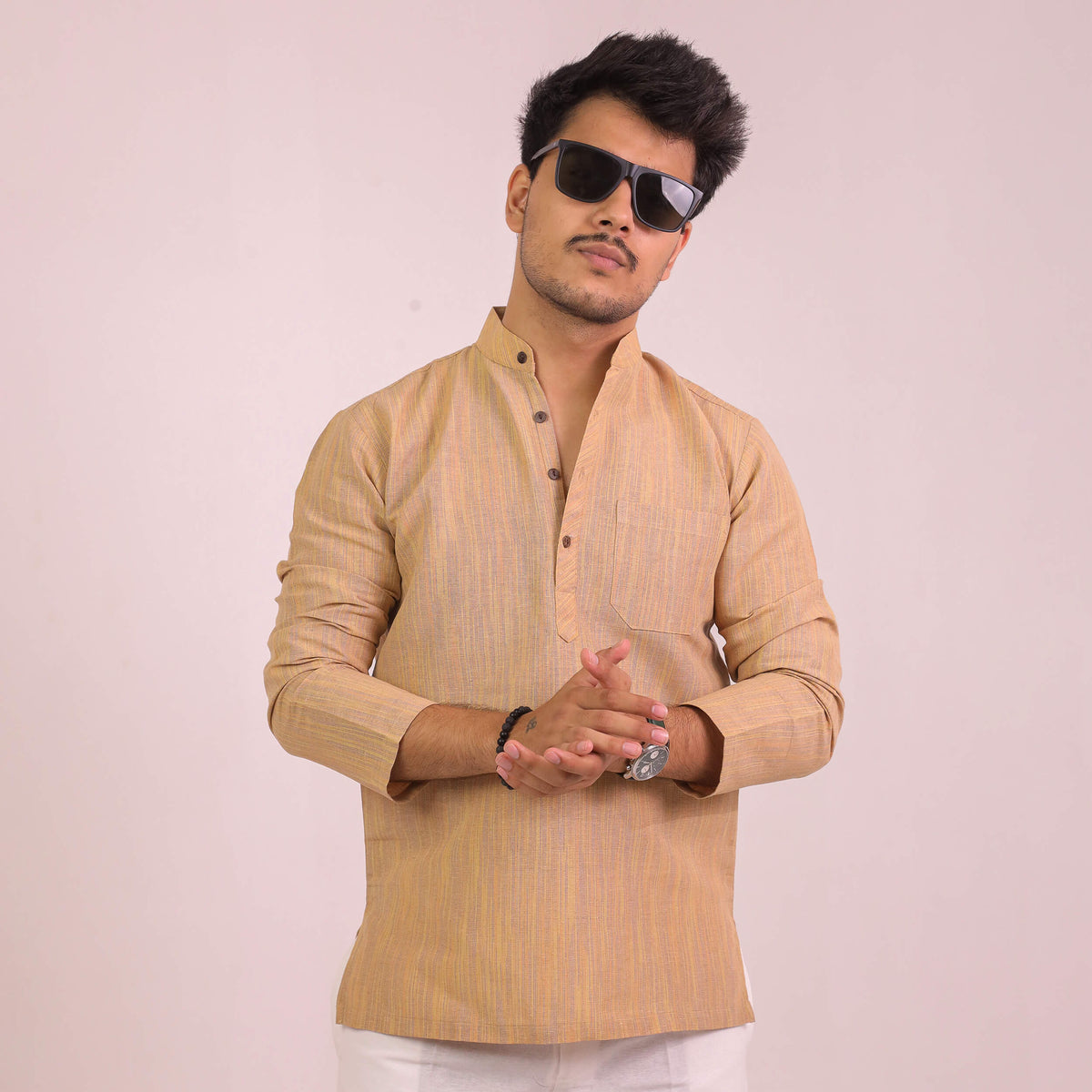 Beige Thread Lines Full Sleeves Cotton Short Kurta | Kargham