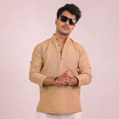Beige Thread Lines Full Sleeves Cotton Short Kurta | Kargham