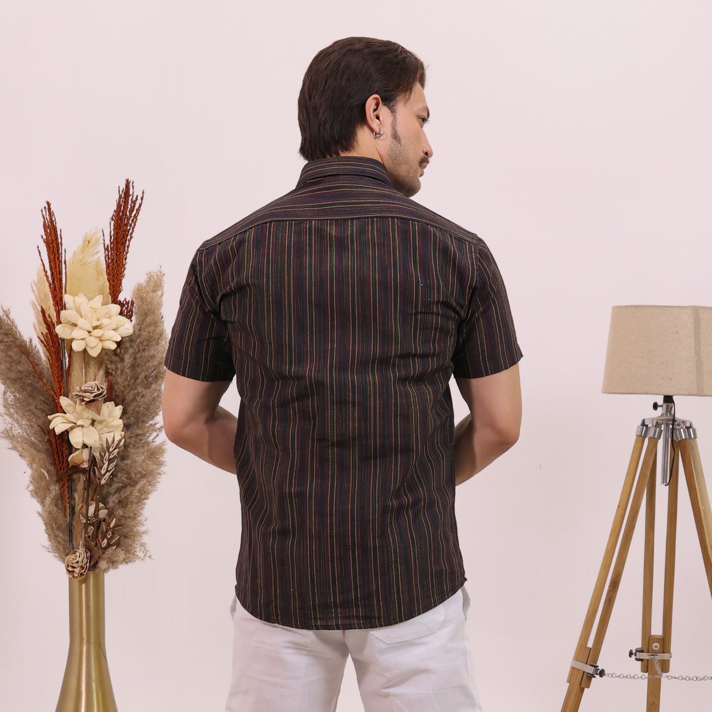 Black Breeze Stripe Half Sleeves Shirt with White pant Combo Set for Men