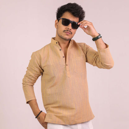Beige Thread Lines Full Sleeves Cotton Short Kurta | Kargham