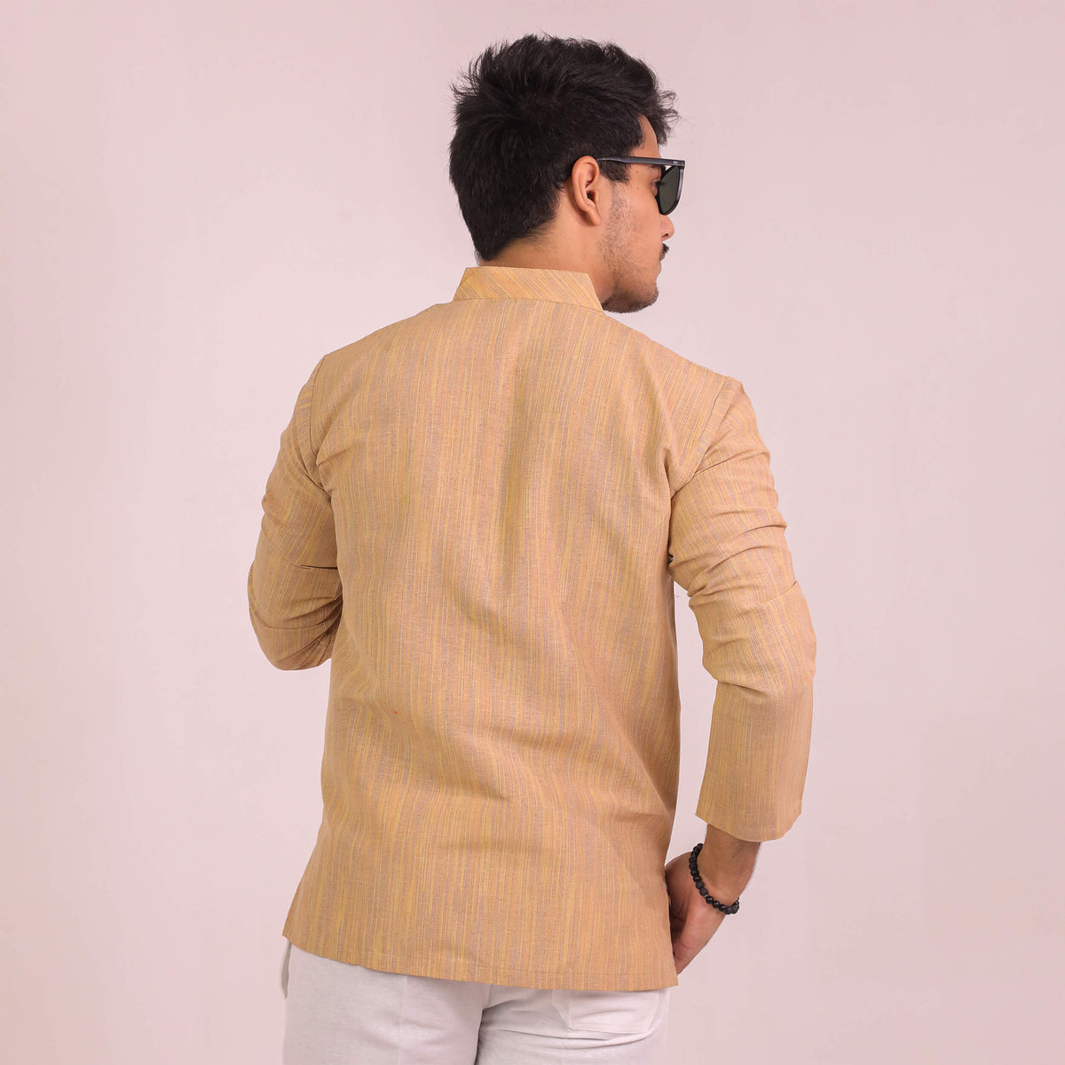 Beige Thread Lines Full Sleeves Cotton Short Kurta | Kargham