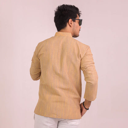 Beige Thread Lines Full Sleeves Cotton Short Kurta | Kargham
