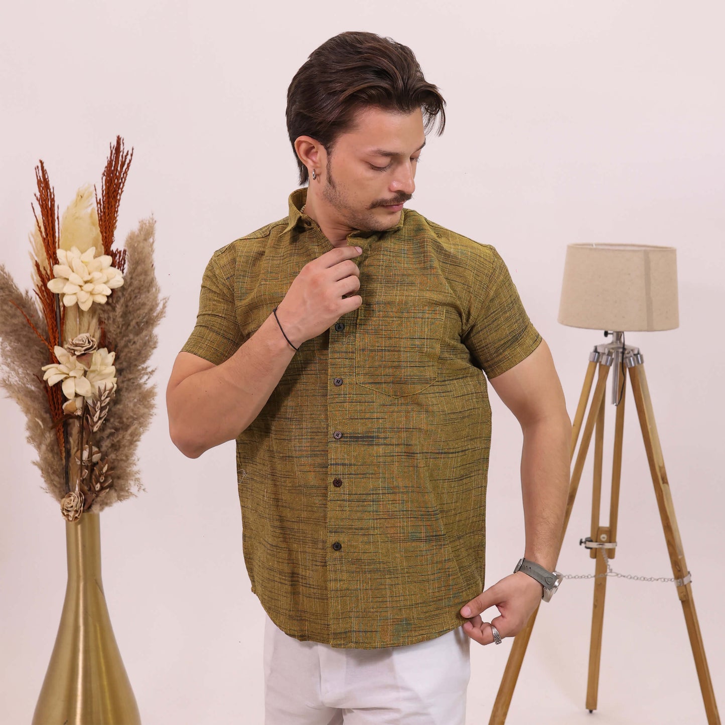 Mustard Dark Jharna Half Sleeves Shirt with White Pant Combo Set | Men