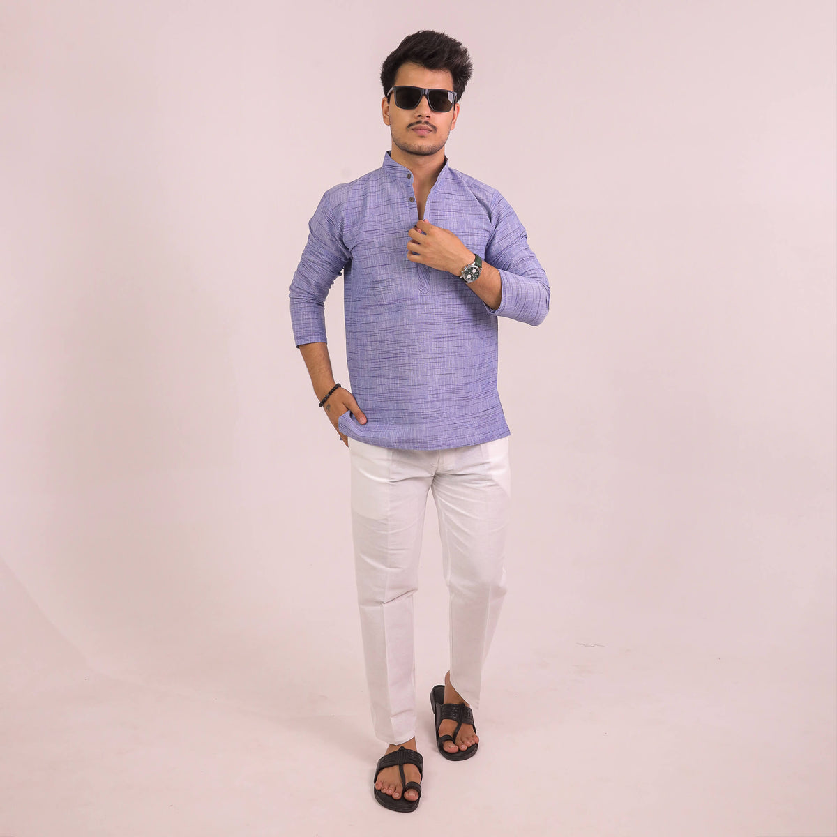 Blue Plain Jharna Full Sleeves Kurta Pant Combo Set