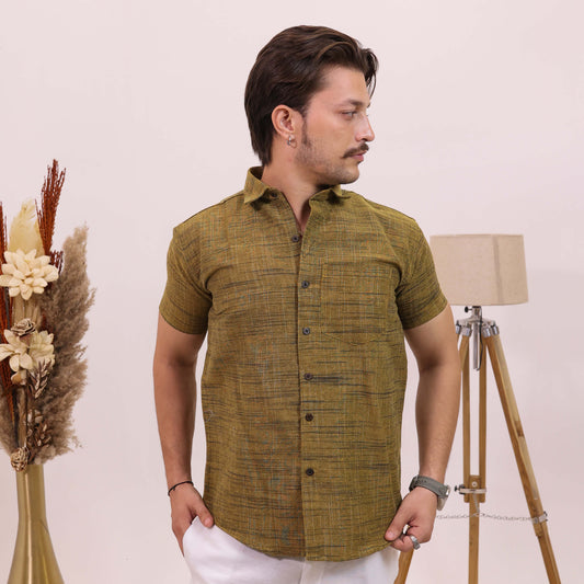 Mustard Dark Jharna Shirt for Men | Half Sleeves Cotton Shirt