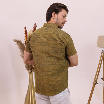 Mustard Dark Jharna Half Sleeves Shirt with White Pant Combo Set | Men