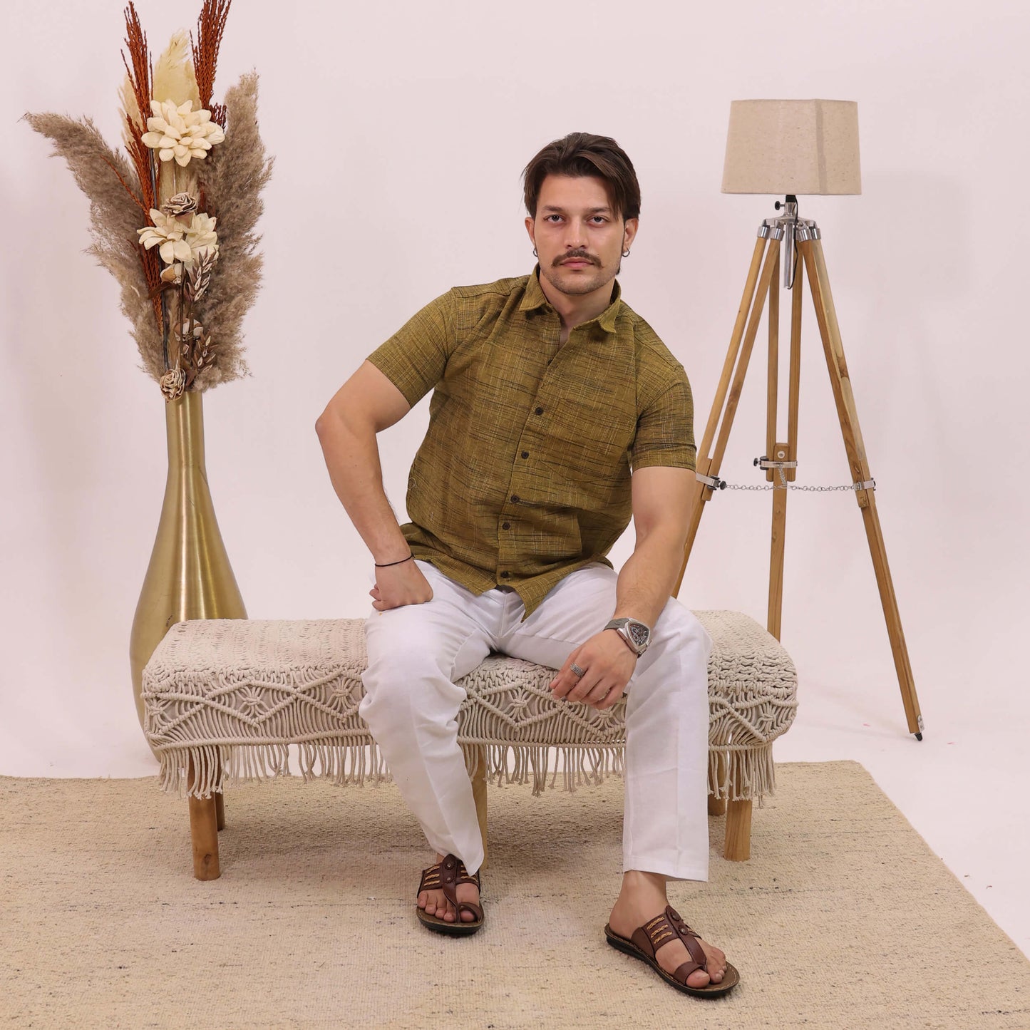 Mustard Dark Jharna Half Sleeves Shirt with White Pant Combo Set | Men
