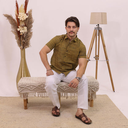 Mustard Dark Jharna Half Sleeves Shirt with White Pant Combo Set | Men