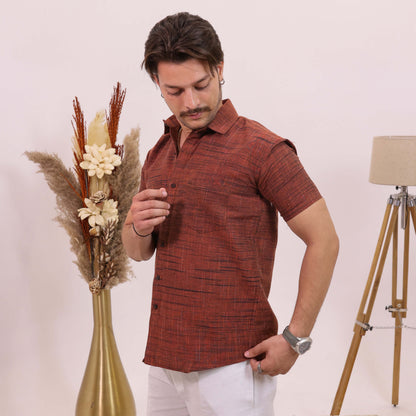Orange Dark Jharna Half Sleeves Shirt with White Pant Combo Set | Men