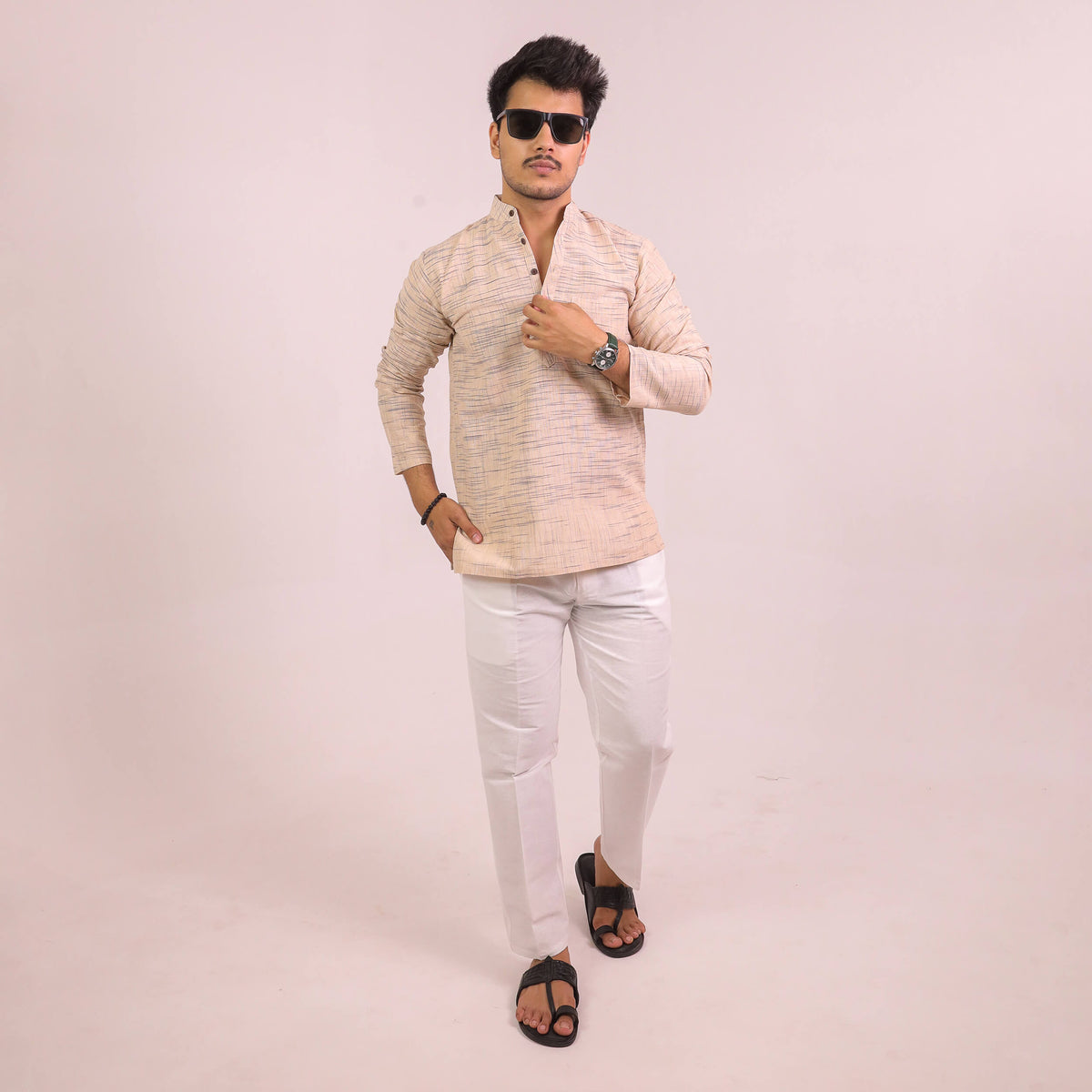 Beige Plain Jharna Full Sleeves Kurta Pant Combo Set