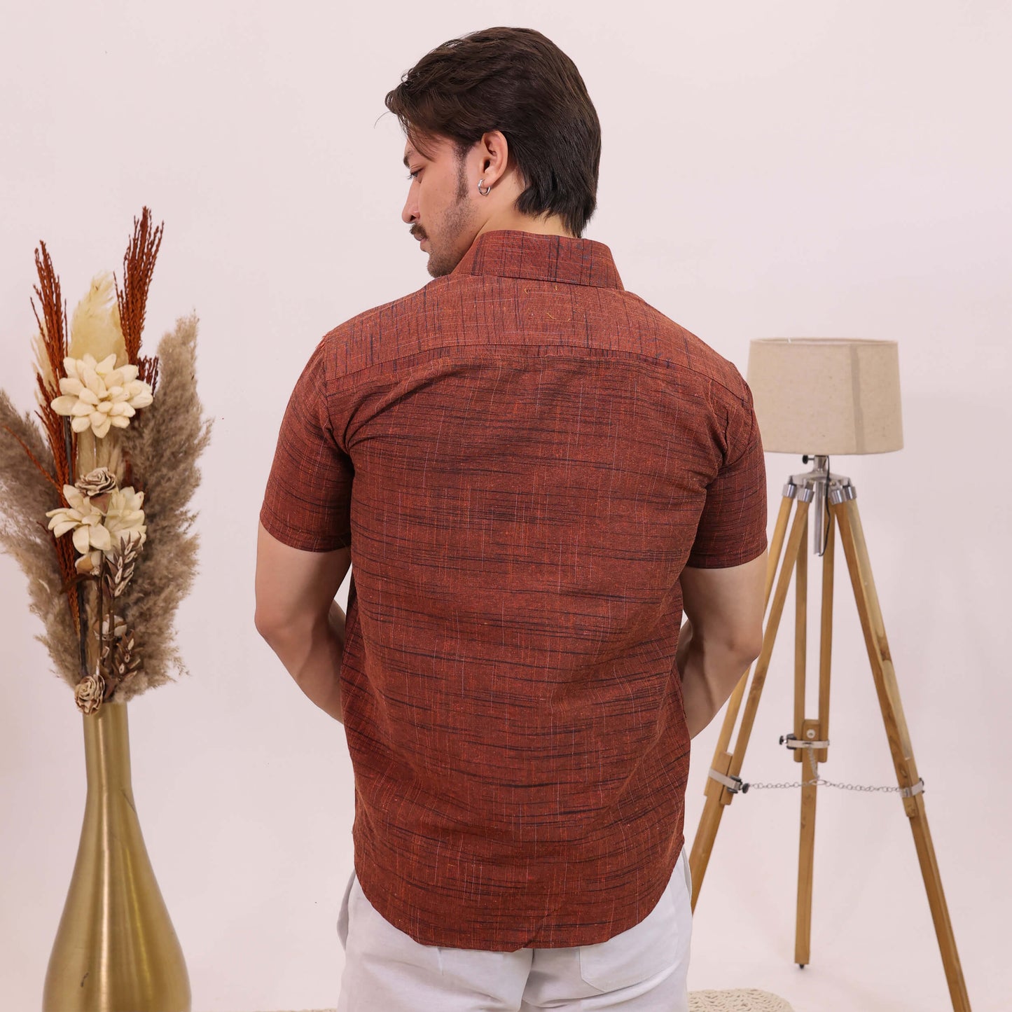 Orange Dark Jharna Half Sleeves Shirt with White Pant Combo Set | Men