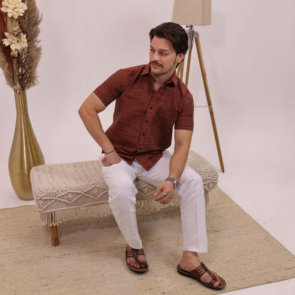 Orange Dark Jharna Half Sleeves Shirt with White Pant Combo Set | Men