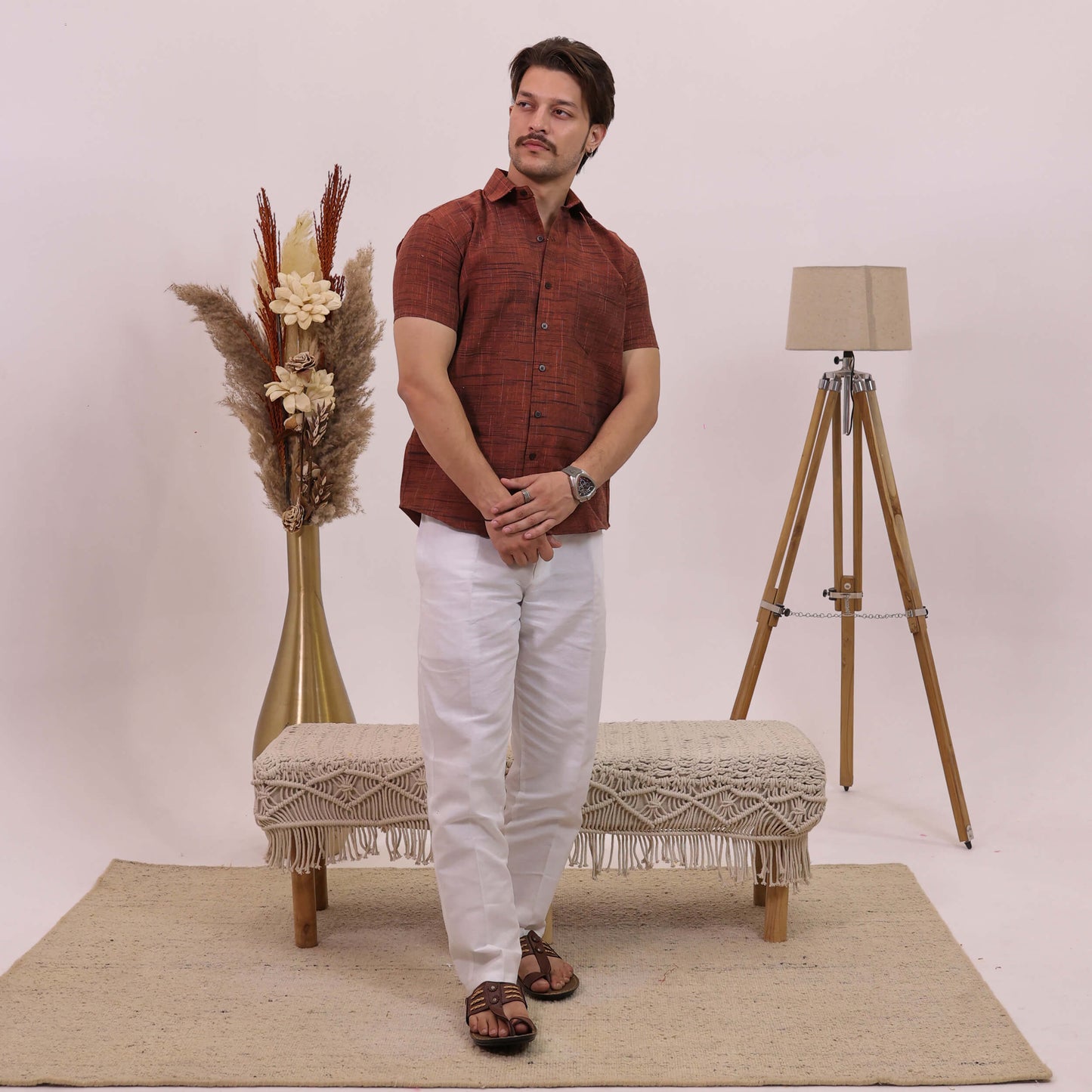 Orange Dark Jharna Half Sleeves Shirt with White Pant Combo Set | Men