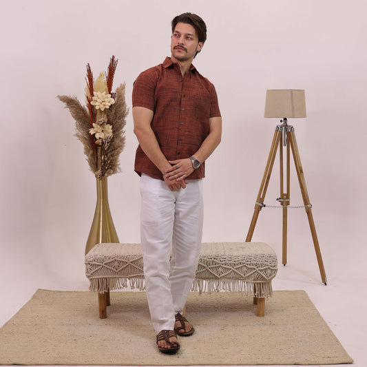 Orange Dark Jharna Shirt for Men | Half Sleeves Cotton Shirt