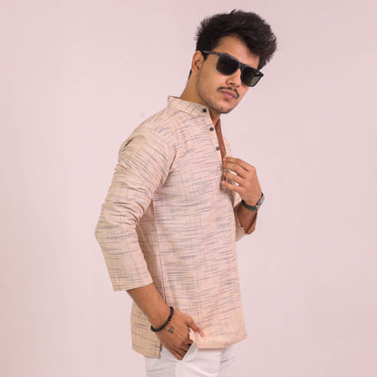 Beige Plain Jharna Full Sleeves Kurta Pant Combo Set